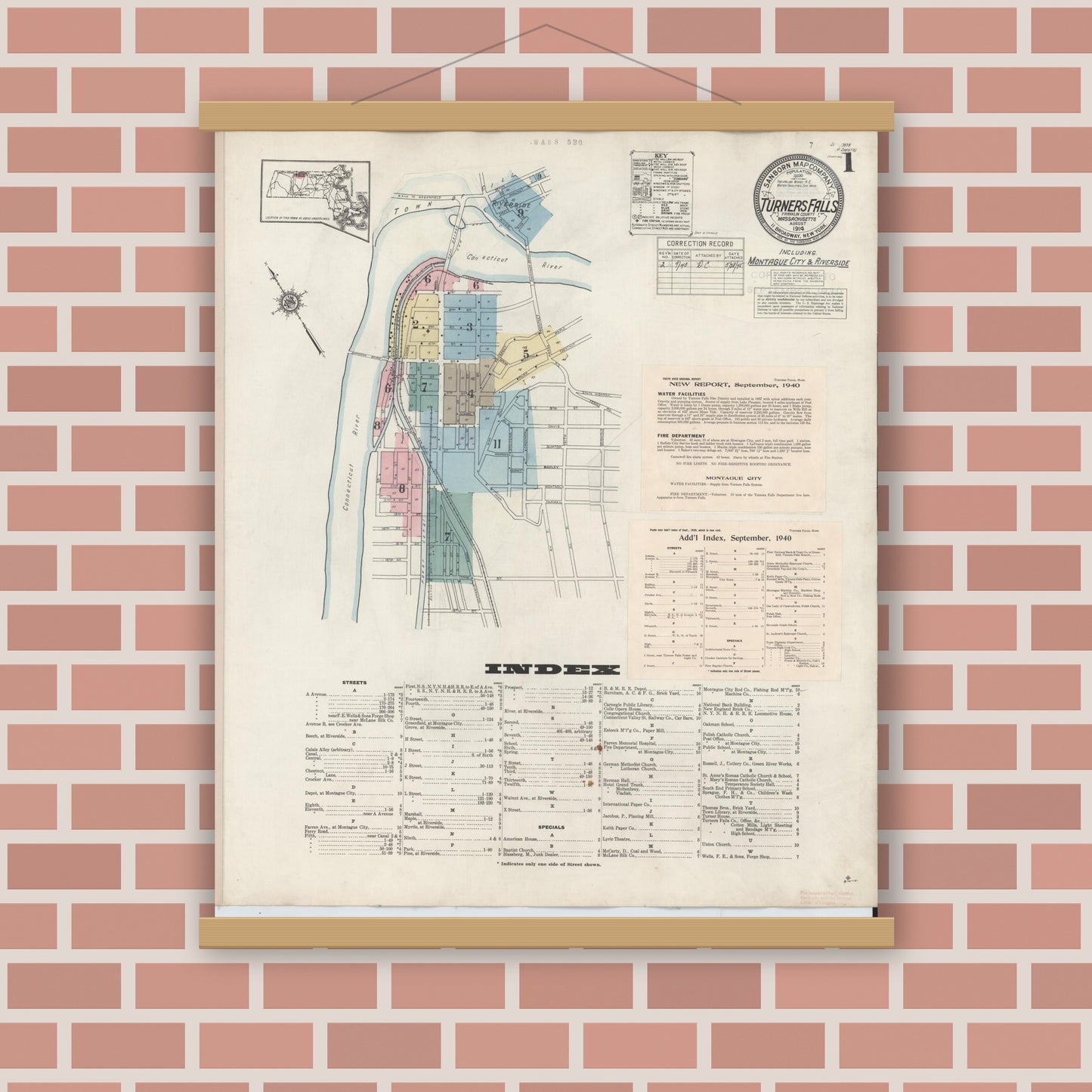Old map wall art mockup — magnetic wood frame on brick wall — Sanborn Fire Insurance Map from Turners Falls, Franklin County, Massachusetts (1940) - Complete Map Set