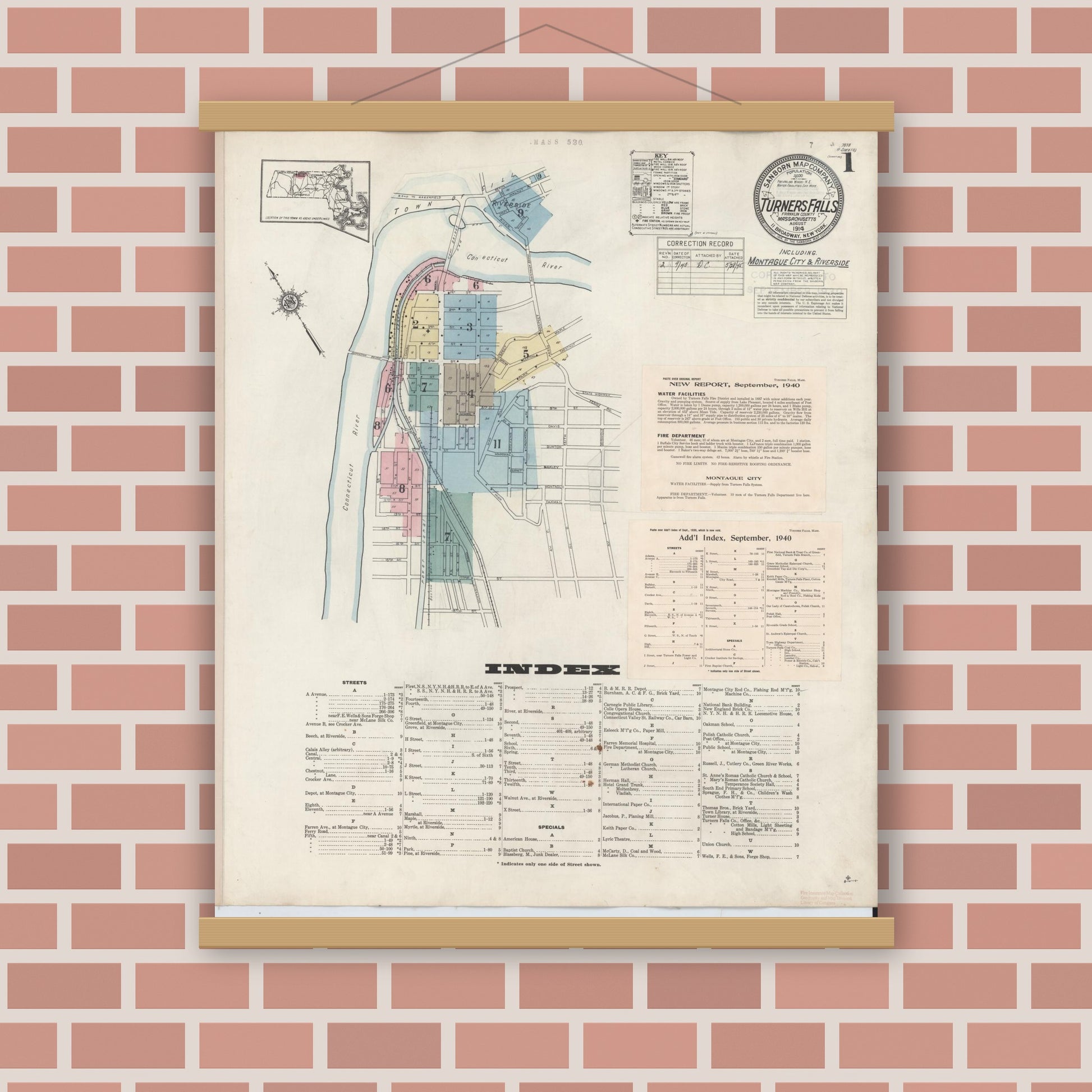 Old map wall art mockup — magnetic wood frame on brick wall — Sanborn Fire Insurance Map from Turners Falls, Franklin County, Massachusetts (1940) - Complete Map Set