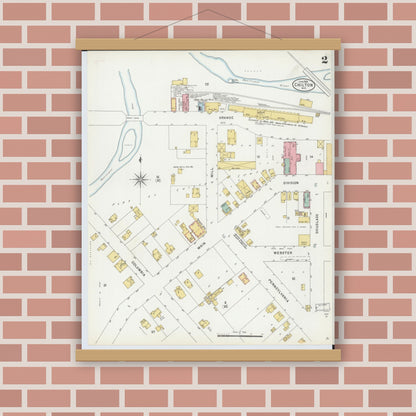 Old map wall art mockup — magnetic wood frame on brick wall — Sanborn Fire Insurance Map from Chilton, Calumet County, Wisconsin (1898), Sheet #0002