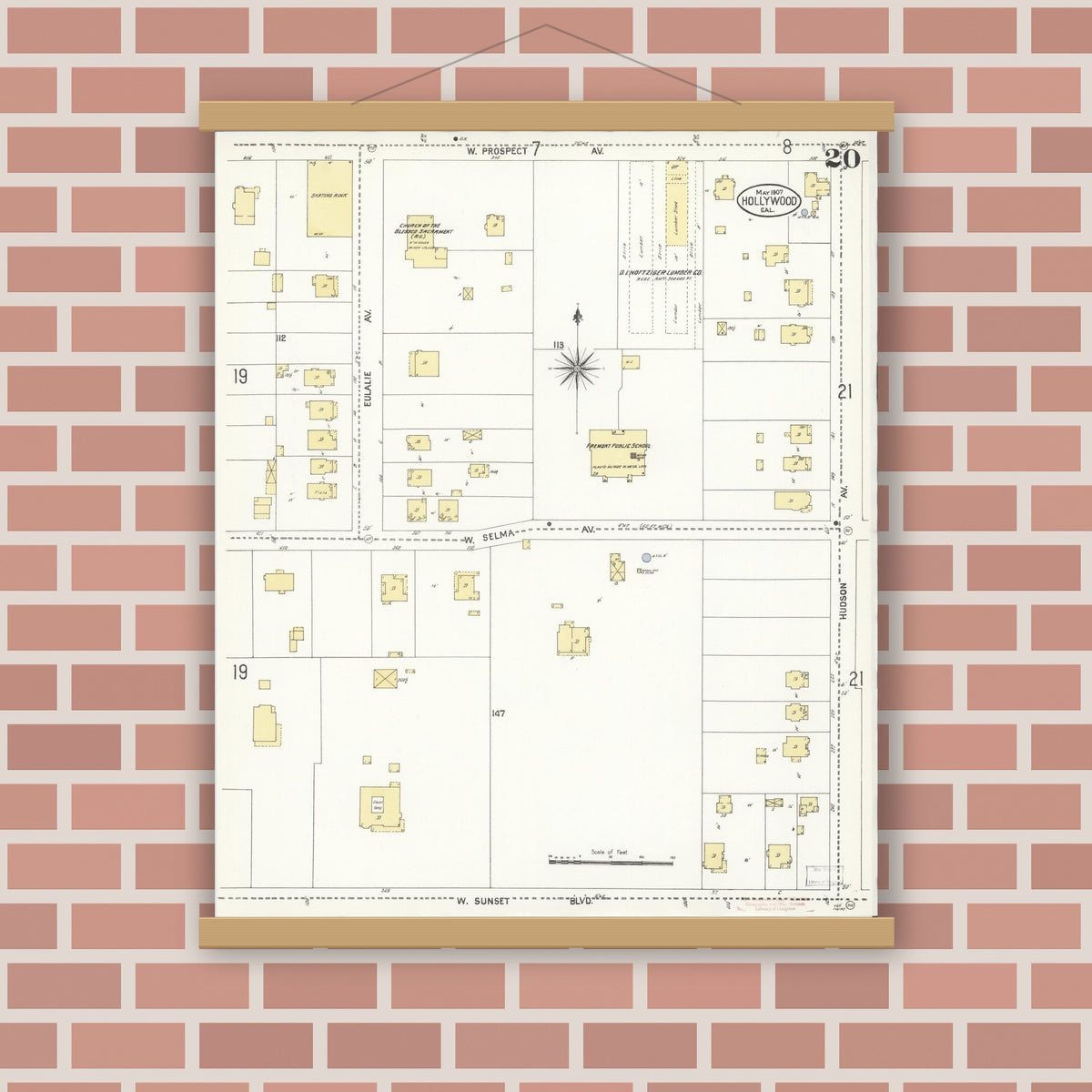 Old map wall art mockup — magnetic wood frame on brick wall — Sanborn Fire Insurance Map from Hollywood, Los Angeles County, California (1907), Sheet #0020