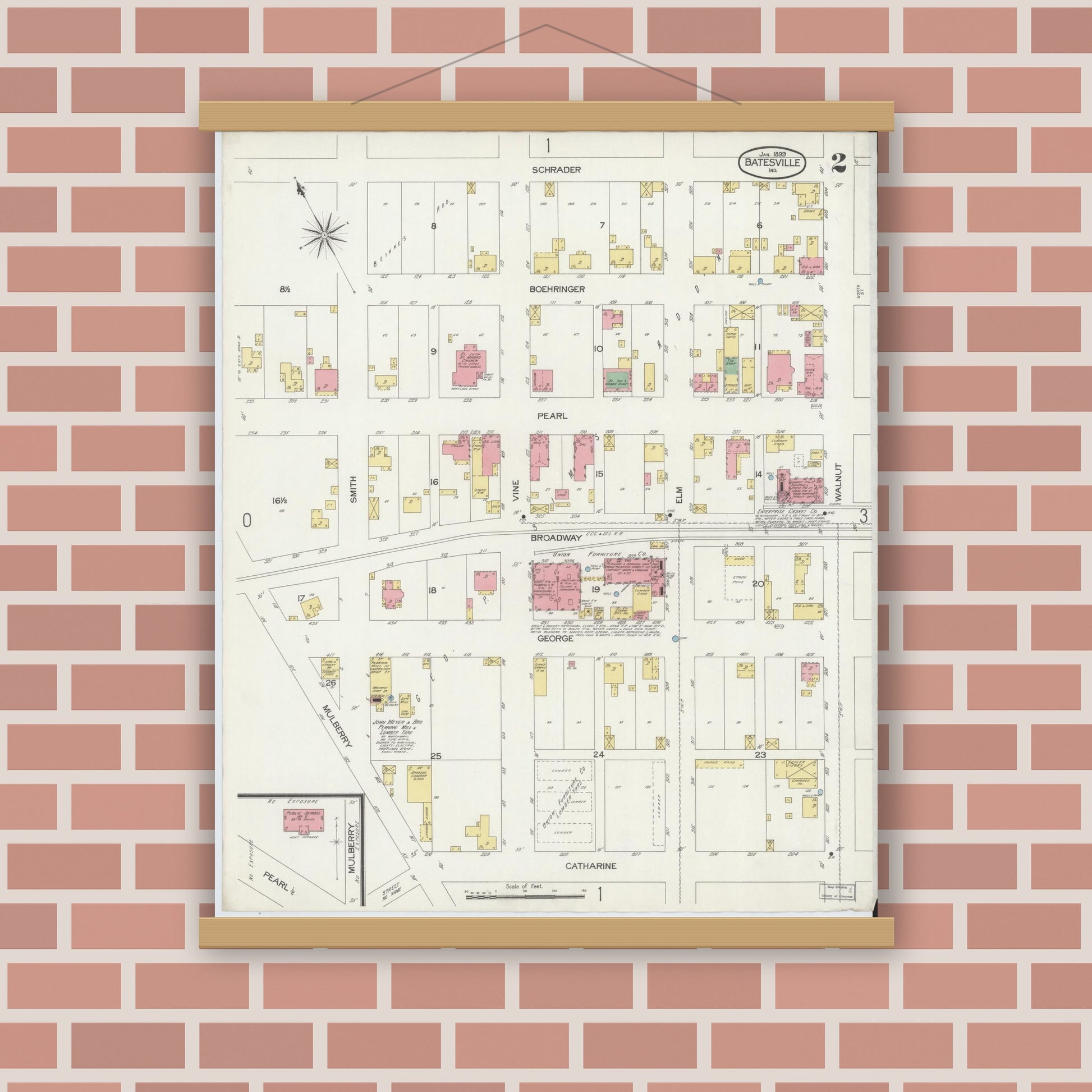 Old map wall art mockup — magnetic wood frame on brick wall — Sanborn Fire Insurance Map from Batesville, Ripley County, Indiana (1899), Sheet #0002