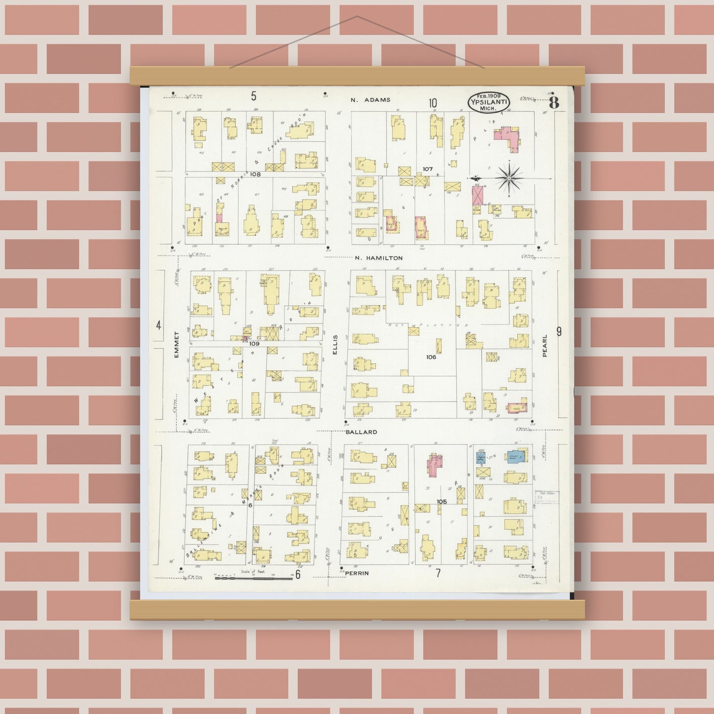 Old map wall art mockup — magnetic wood frame on brick wall — Sanborn Fire Insurance Map from Ypsilanti, Washtenaw County, Michigan (1909), Sheet #0008