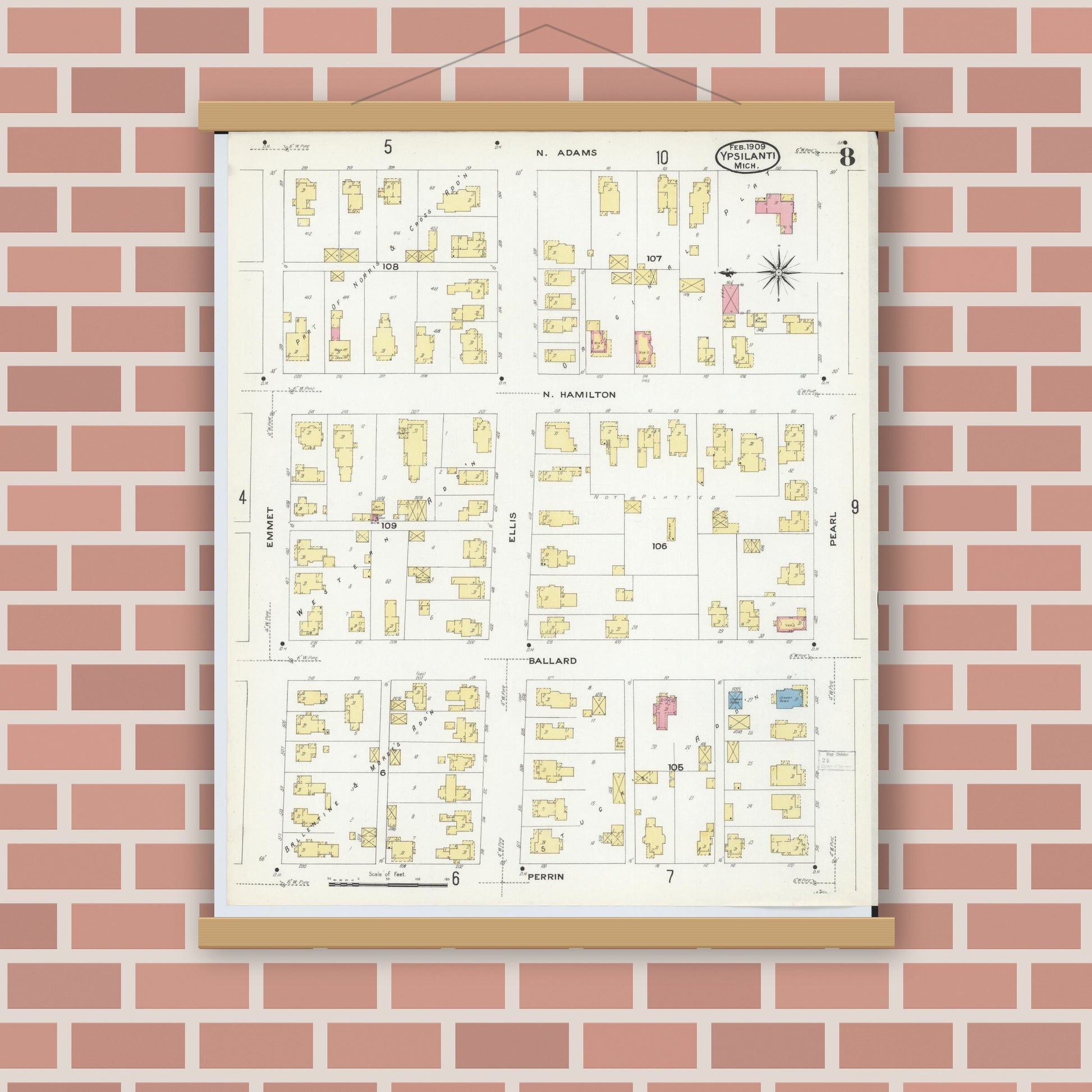 Old map wall art mockup — magnetic wood frame on brick wall — Sanborn Fire Insurance Map from Ypsilanti, Washtenaw County, Michigan (1909), Sheet #0008