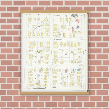 Old map wall art mockup — magnetic wood frame on brick wall — Sanborn Fire Insurance Map from Ypsilanti, Washtenaw County, Michigan (1909), Sheet #0008