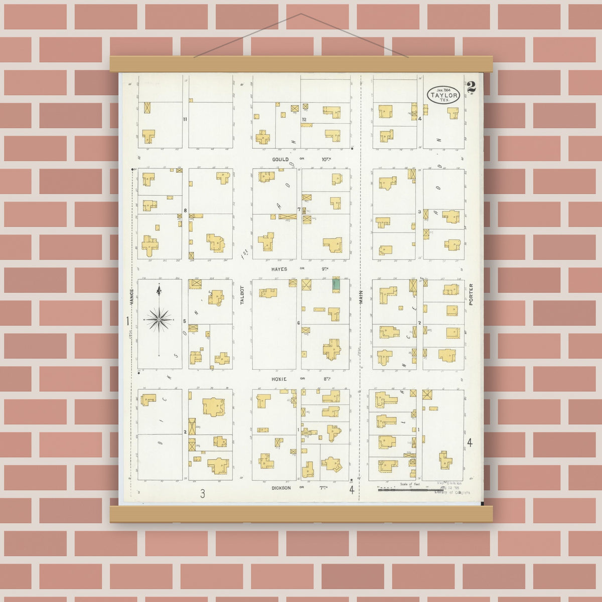 Old map wall art mockup — magnetic wood frame on brick wall — Sanborn Fire Insurance Map from Taylor, Williamson County, Texas (1904), Sheet #0002