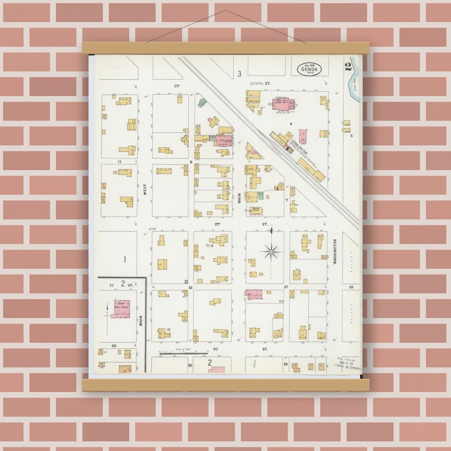 Old map wall art mockup — magnetic wood frame on brick wall — Sanborn Fire Insurance Map from Genoa, Ottawa County, Ohio (1899), Sheet #0002