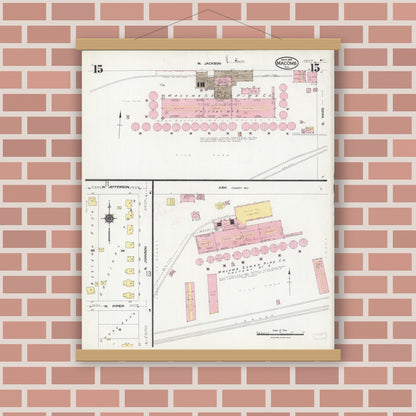 Old map wall art mockup — magnetic wood frame on brick wall — Sanborn Fire Insurance Map from Macomb, Mcdonough County, Illinois (1924), Sheet #0015