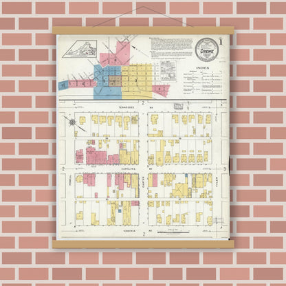 Old map wall art mockup — magnetic wood frame on brick wall — Sanborn Fire Insurance Map from Crewe, Nottoway County, Virginia (1918) - Complete Map Set