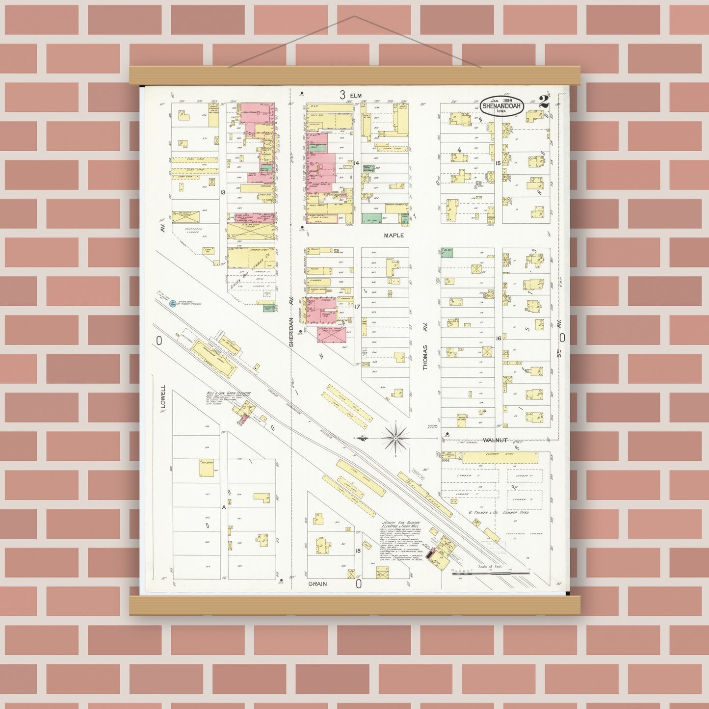 Old map wall art mockup — magnetic wood frame on brick wall — Sanborn Fire Insurance Map from Shenandoah, Page County, Iowa (1899), Sheet #0002