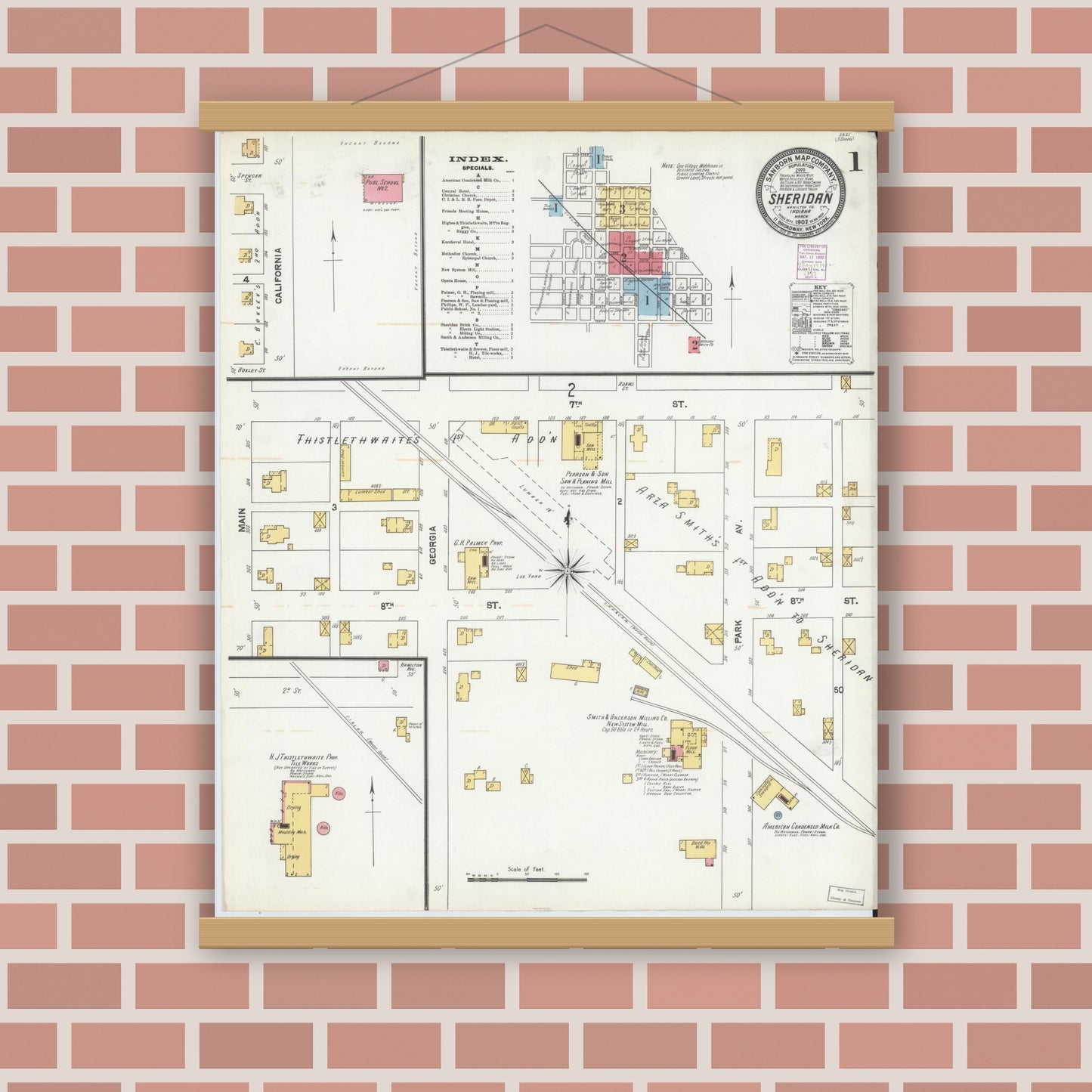 Old map wall art mockup — magnetic wood frame on brick wall — Sanborn Fire Insurance Map from Sheridan, Hamilton County, Indiana (1902) - Complete Map Set