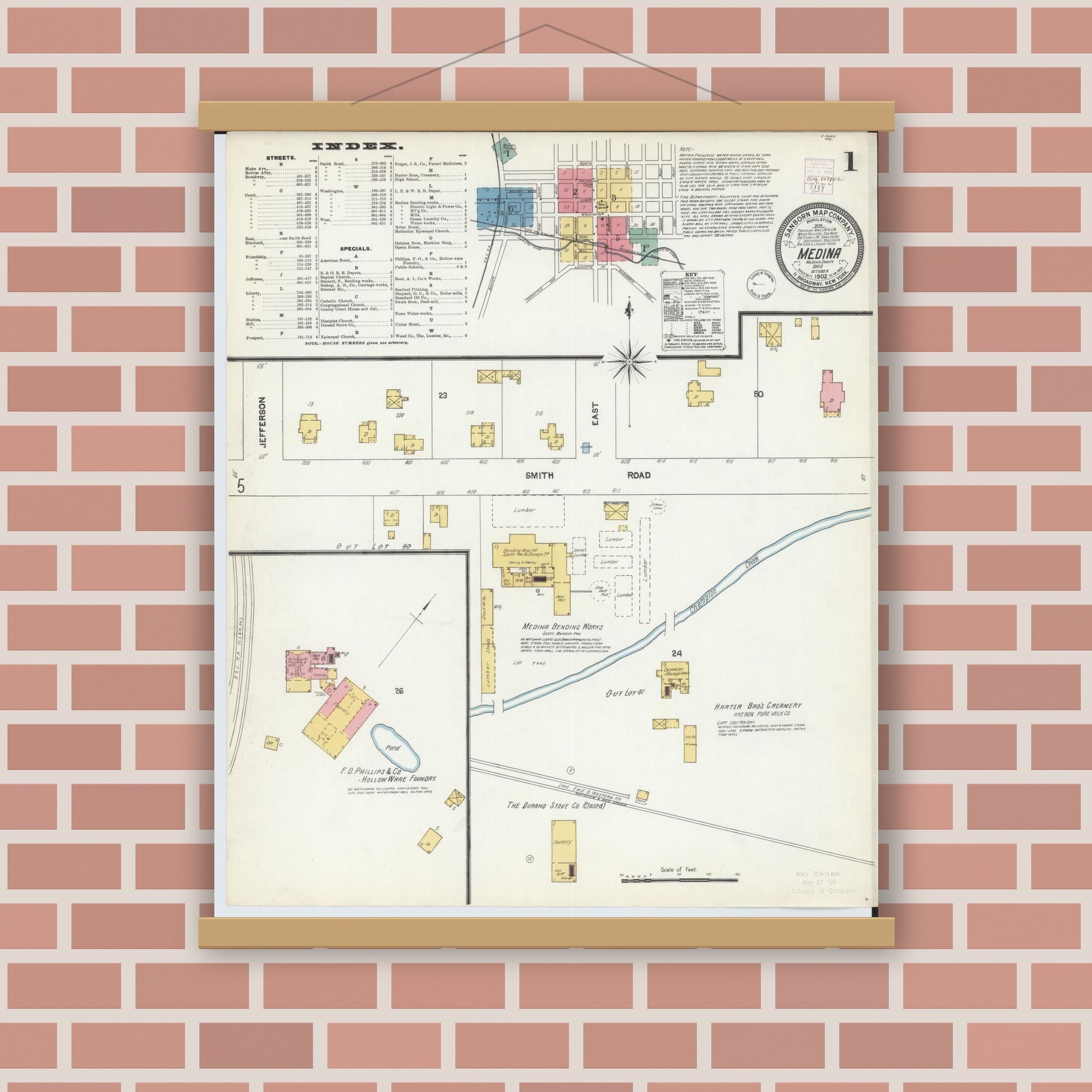 Old map wall art mockup — magnetic wood frame on brick wall — Sanborn Fire Insurance Map from Medina, Medina County, Ohio (1902), Sheet #0001