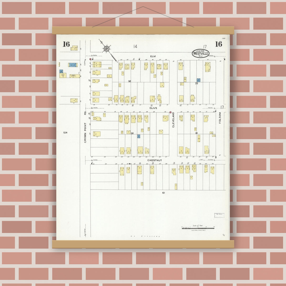 Old map wall art mockup — magnetic wood frame on brick wall — Sanborn Fire Insurance Map from Westville, Gloucester County, New Jersey (1926), Sheet #0016