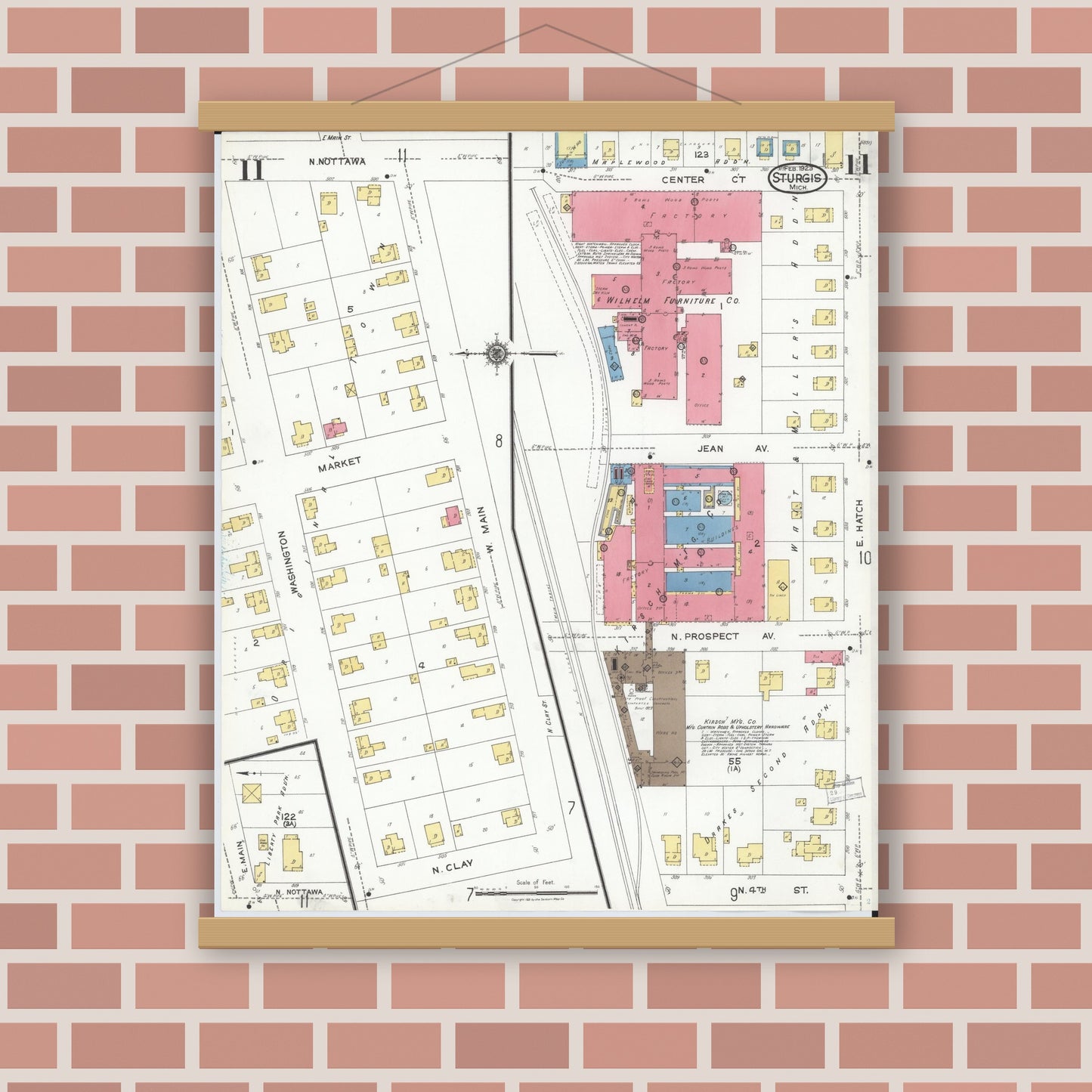 Old map wall art mockup — magnetic wood frame on brick wall — Sanborn Fire Insurance Map from Sturgis, Saint Joseph County, Michigan (1923), Sheet #0011