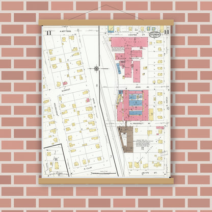 Old map wall art mockup — magnetic wood frame on brick wall — Sanborn Fire Insurance Map from Sturgis, Saint Joseph County, Michigan (1923), Sheet #0011