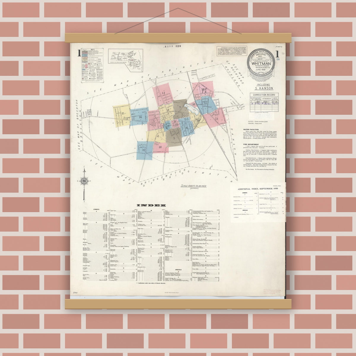 Old map wall art mockup — magnetic wood frame on brick wall — Sanborn Fire Insurance Map from Whitman, Plymouth County, Massachusetts (1950) - Complete Map Set