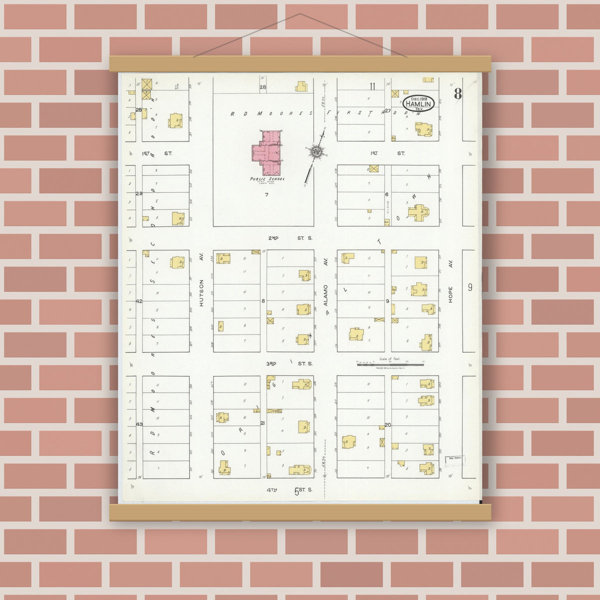 Old map wall art mockup — magnetic wood frame on brick wall — Sanborn Fire Insurance Map from Hamlin, Jones County, Texas (1919), Sheet #0008