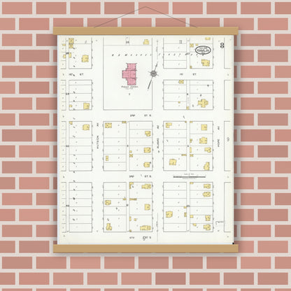 Old map wall art mockup — magnetic wood frame on brick wall — Sanborn Fire Insurance Map from Hamlin, Jones County, Texas (1919), Sheet #0008