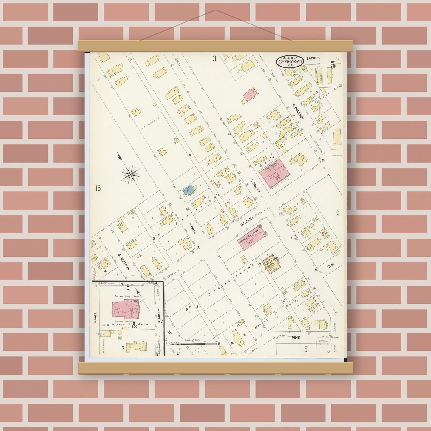 Old map wall art mockup — magnetic wood frame on brick wall — Sanborn Fire Insurance Map from Cheboygan, Cheboygan County, Michigan (1907), Sheet #0005