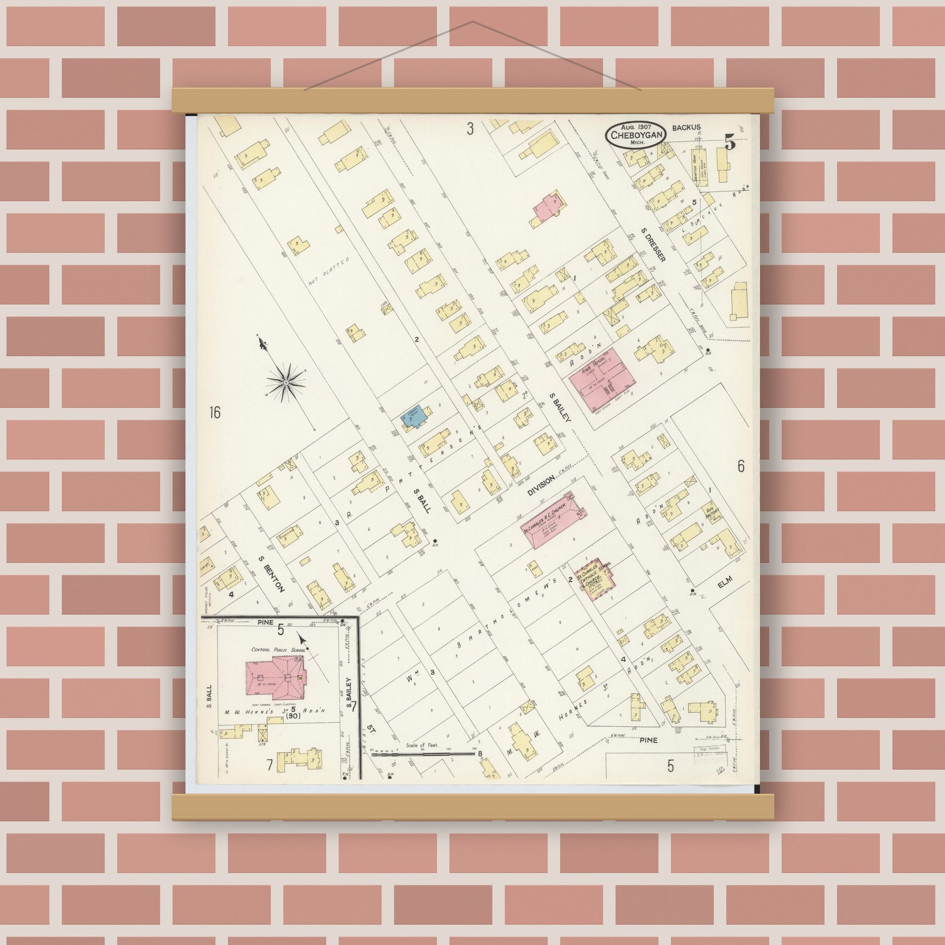 Old map wall art mockup — magnetic wood frame on brick wall — Sanborn Fire Insurance Map from Cheboygan, Cheboygan County, Michigan (1907), Sheet #0005