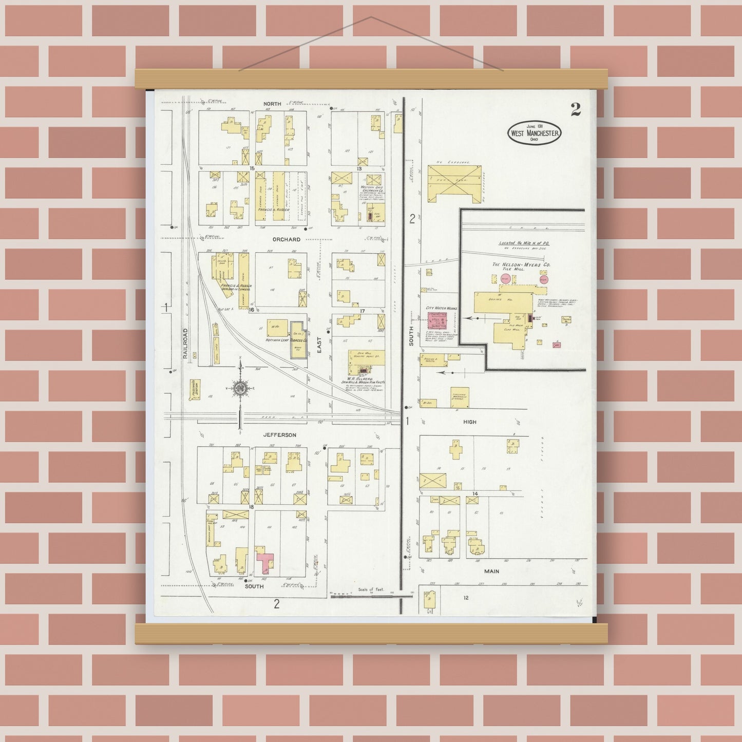 Old map wall art mockup — magnetic wood frame on brick wall — Sanborn Fire Insurance Map from West Manchester, Preble County, Ohio (1911), Sheet #0002