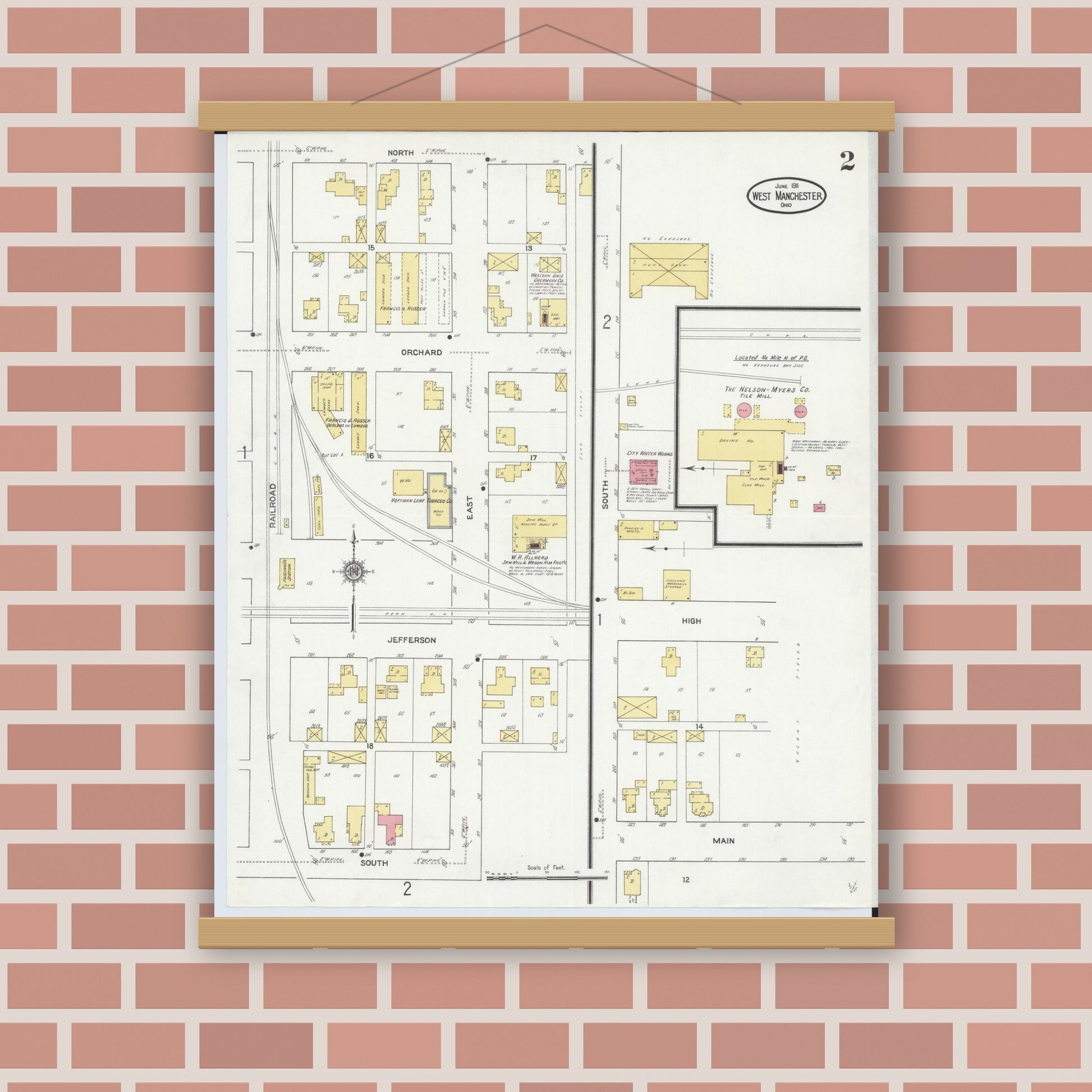 Old map wall art mockup — magnetic wood frame on brick wall — Sanborn Fire Insurance Map from West Manchester, Preble County, Ohio (1911), Sheet #0002