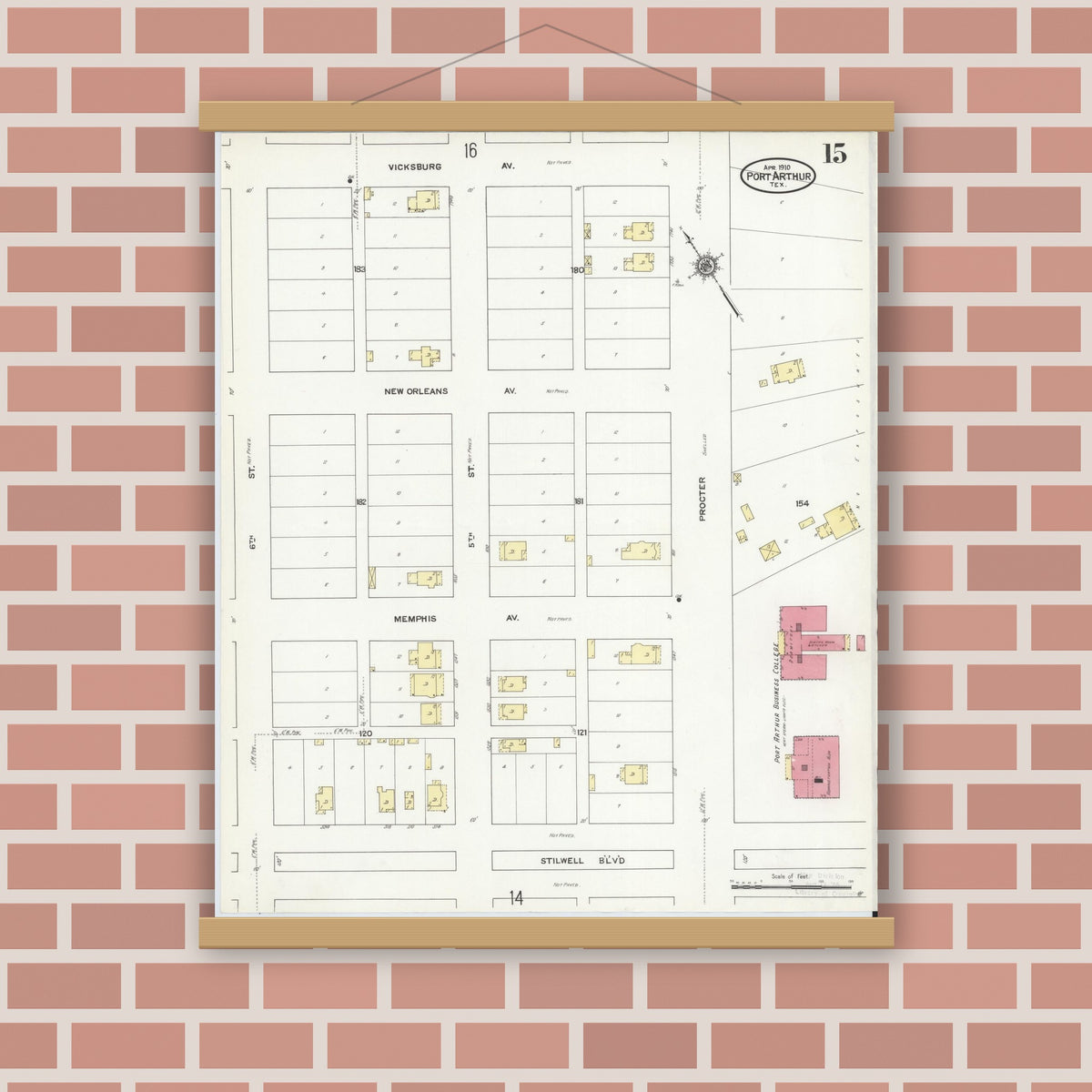 Old map wall art mockup — magnetic wood frame on brick wall — Sanborn Fire Insurance Map from Port Arthur, Jefferson County, Texas (1910), Sheet #0015