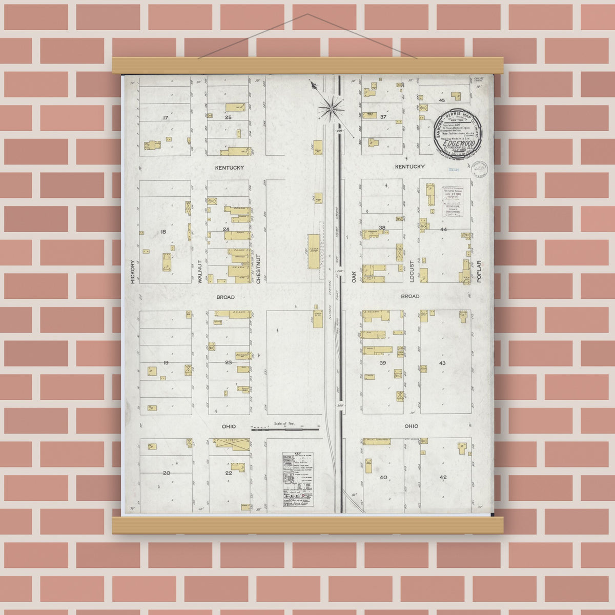 Old map wall art mockup — magnetic wood frame on brick wall — Sanborn Fire Insurance Map from Edgewood, Effingham County, Illinois (1900), Sheet #0001
