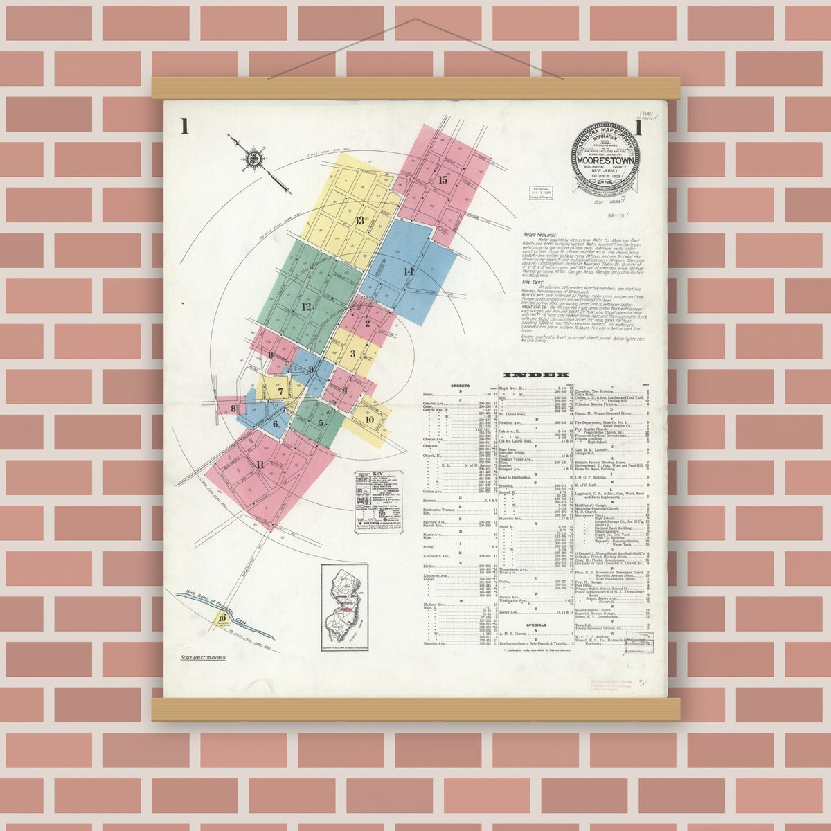 Old map wall art mockup — magnetic wood frame on brick wall — Sanborn Fire Insurance Map from Moorestown, Burlington County, New Jersey (1923), Sheet #0001