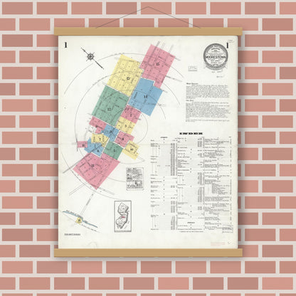 Old map wall art mockup — magnetic wood frame on brick wall — Sanborn Fire Insurance Map from Moorestown, Burlington County, New Jersey (1923), Sheet #0001