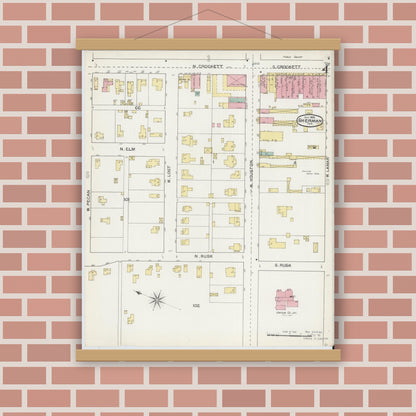 Old map wall art mockup — magnetic wood frame on brick wall — Sanborn Fire Insurance Map from Sherman, Grayson County, Texas (1892), Sheet #0004