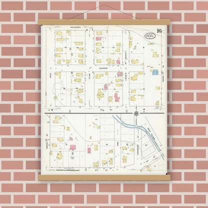 Old map wall art mockup — magnetic wood frame on brick wall — Sanborn Fire Insurance Map from Peru, La Salle County, Illinois (1916), Sheet #0016
