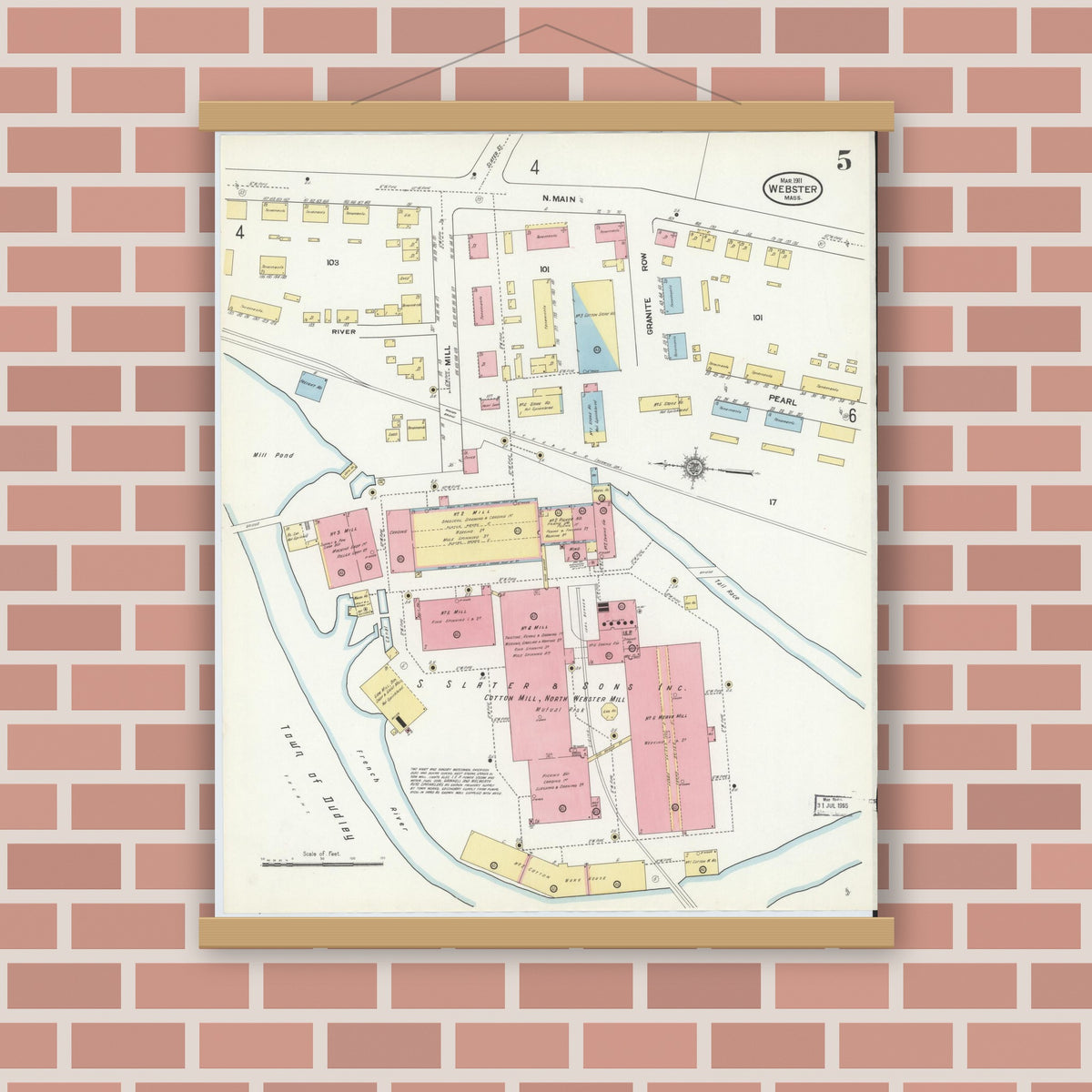 Old map wall art mockup — magnetic wood frame on brick wall — Sanborn Fire Insurance Map from Webster, Worcester County, Massachusetts (1911), Sheet #0005
