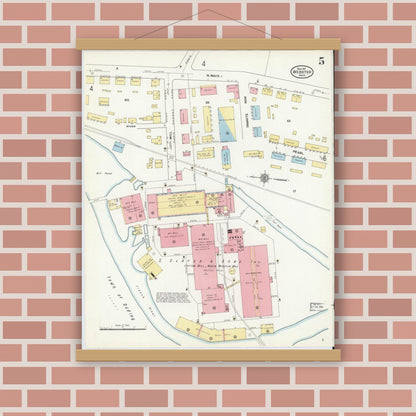 Old map wall art mockup — magnetic wood frame on brick wall — Sanborn Fire Insurance Map from Webster, Worcester County, Massachusetts (1911), Sheet #0005