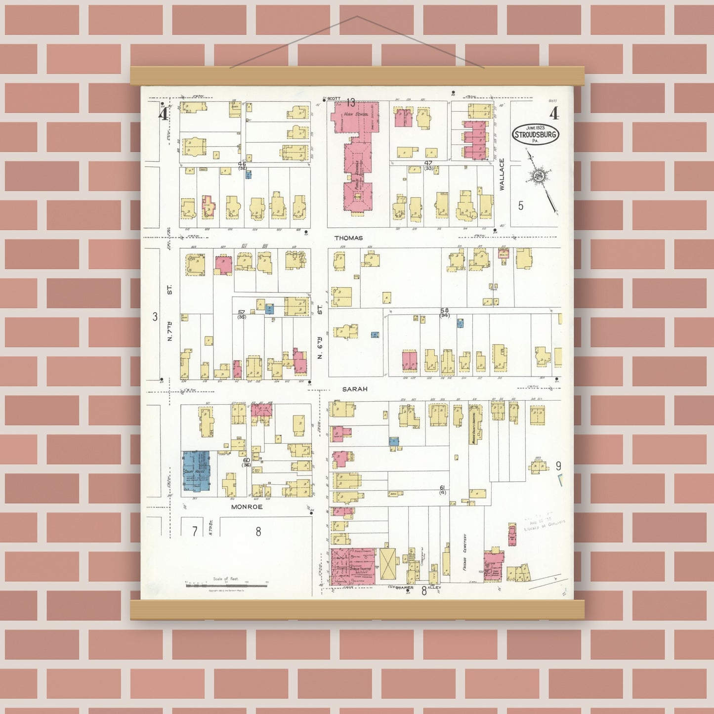 Old map wall art mockup — magnetic wood frame on brick wall — Sanborn Fire Insurance Map from Stroudsburg, Monroe County, Pennsylvania (1923), Sheet #0004