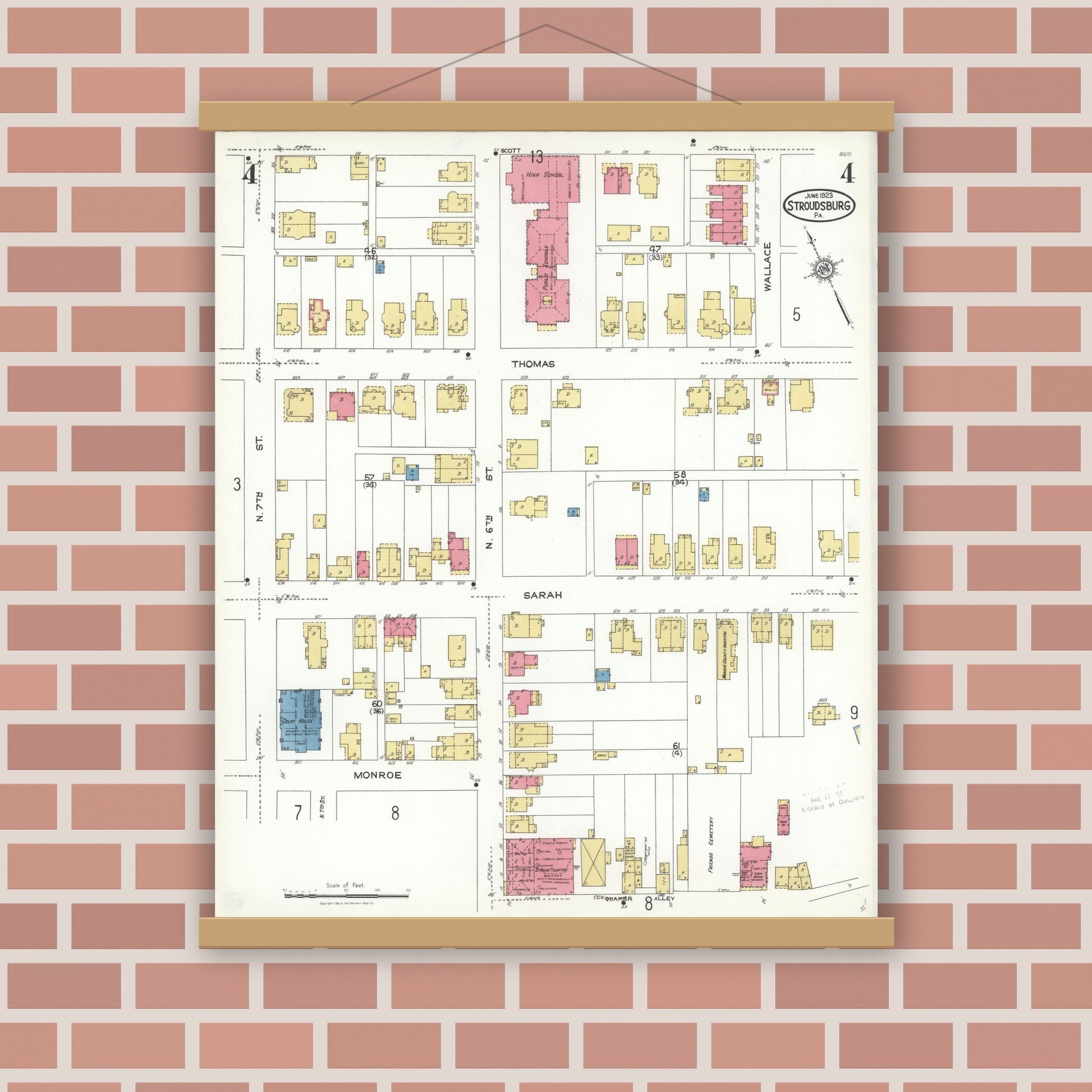 Old map wall art mockup — magnetic wood frame on brick wall — Sanborn Fire Insurance Map from Stroudsburg, Monroe County, Pennsylvania (1923), Sheet #0004