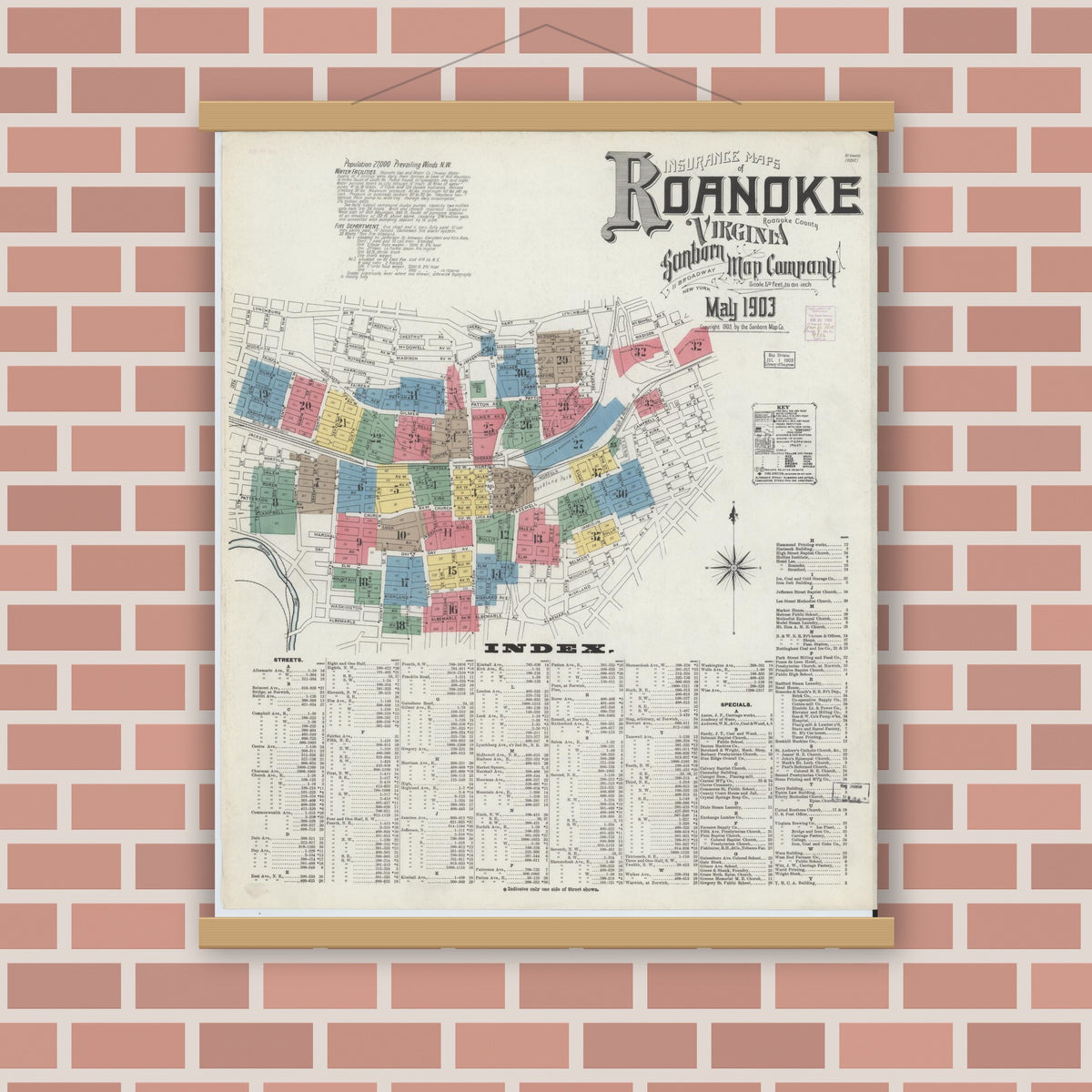 Old map wall art mockup — magnetic wood frame on brick wall — Sanborn Fire Insurance Map from Roanoke, Independent Cities, Virginia (1903) - Complete Map Set
