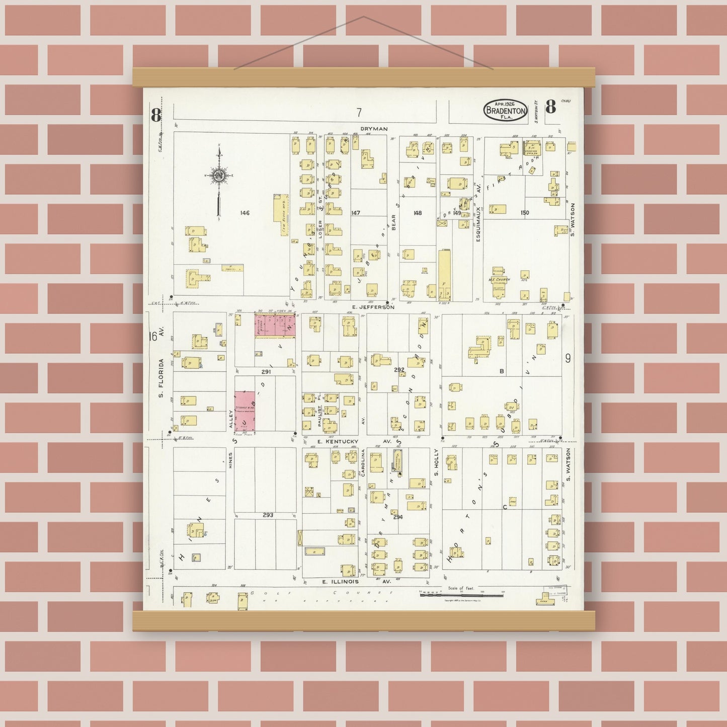 Old map wall art mockup — magnetic wood frame on brick wall — Sanborn Fire Insurance Map from Bradentown, Manatee County, Florida (1926), Sheet #0008