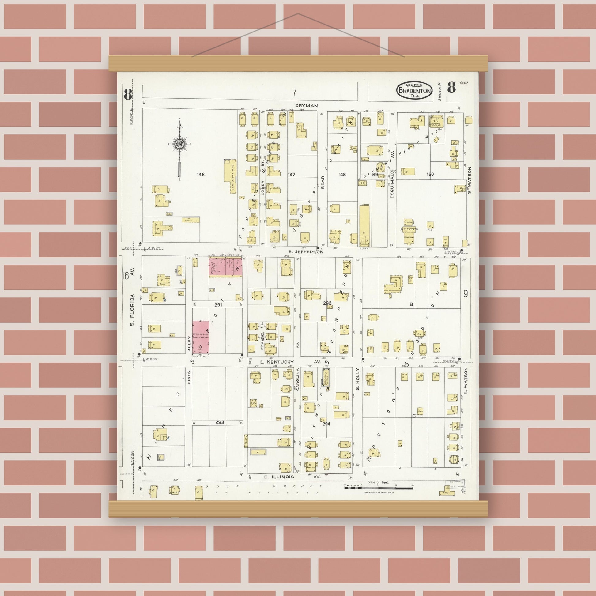 Old map wall art mockup — magnetic wood frame on brick wall — Sanborn Fire Insurance Map from Bradentown, Manatee County, Florida (1926), Sheet #0008