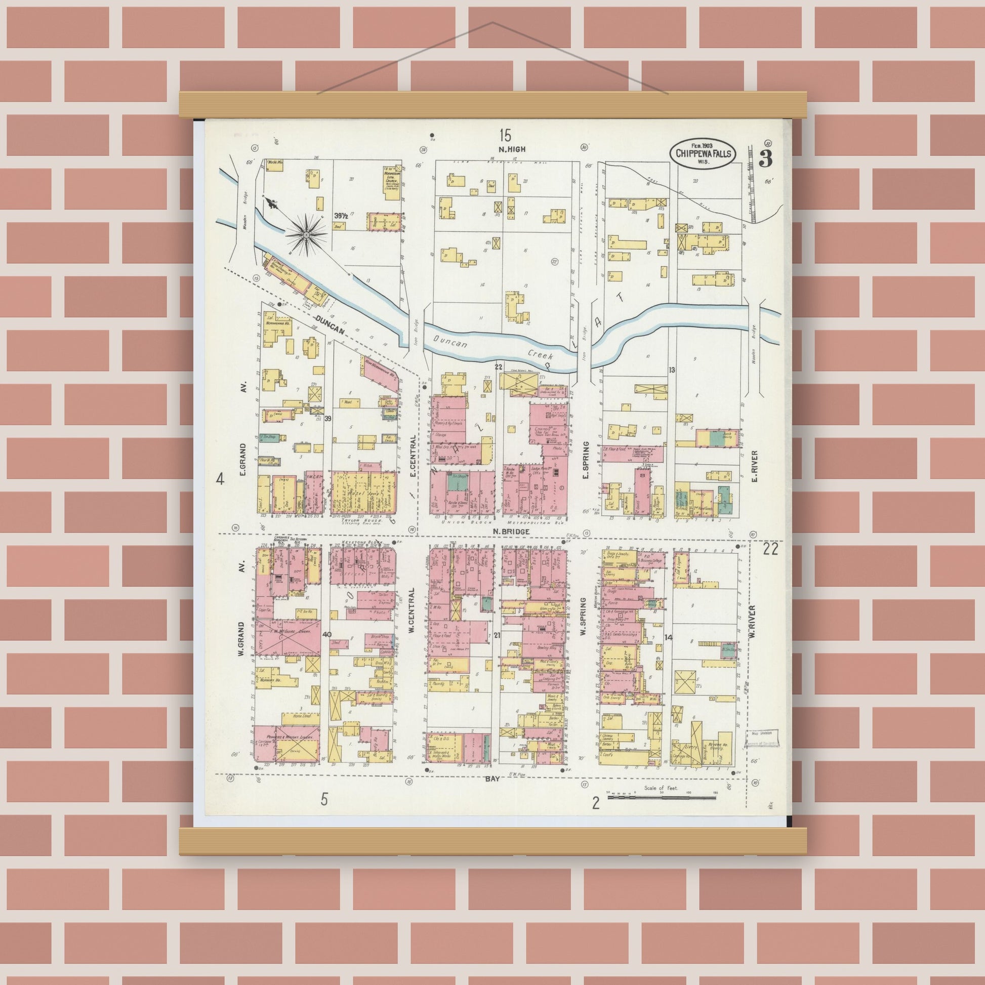 Old map wall art mockup — magnetic wood frame on brick wall — Sanborn Fire Insurance Map from Chippewa Falls, Chippewa County, Wisconsin (1903), Sheet #0003