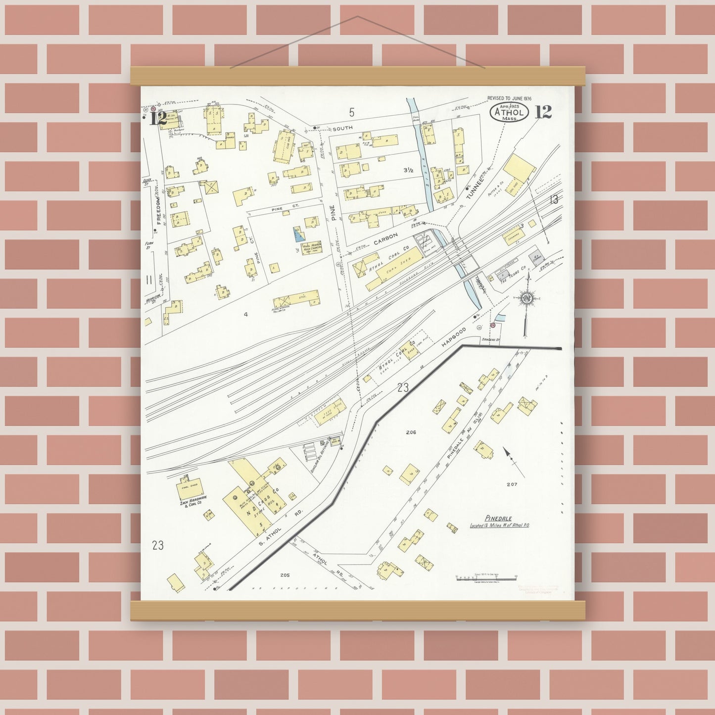Old map wall art mockup — magnetic wood frame on brick wall — Sanborn Fire Insurance Map from Athol, Worcester County, Massachusetts (1936), Sheet #0012