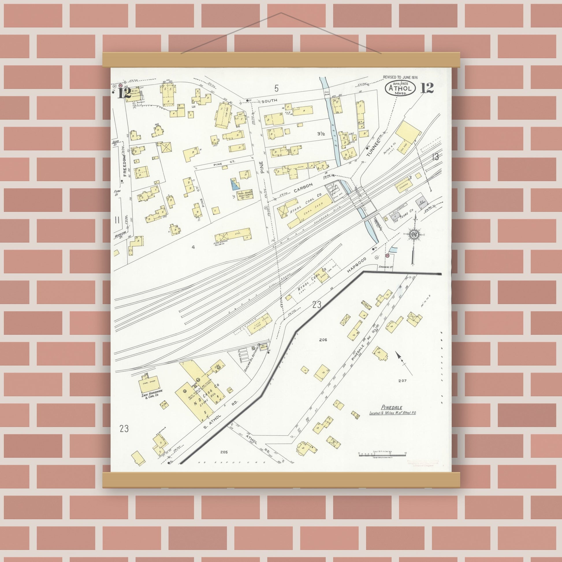 Old map wall art mockup — magnetic wood frame on brick wall — Sanborn Fire Insurance Map from Athol, Worcester County, Massachusetts (1936), Sheet #0012