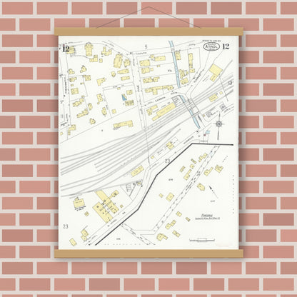 Old map wall art mockup — magnetic wood frame on brick wall — Sanborn Fire Insurance Map from Athol, Worcester County, Massachusetts (1936), Sheet #0012
