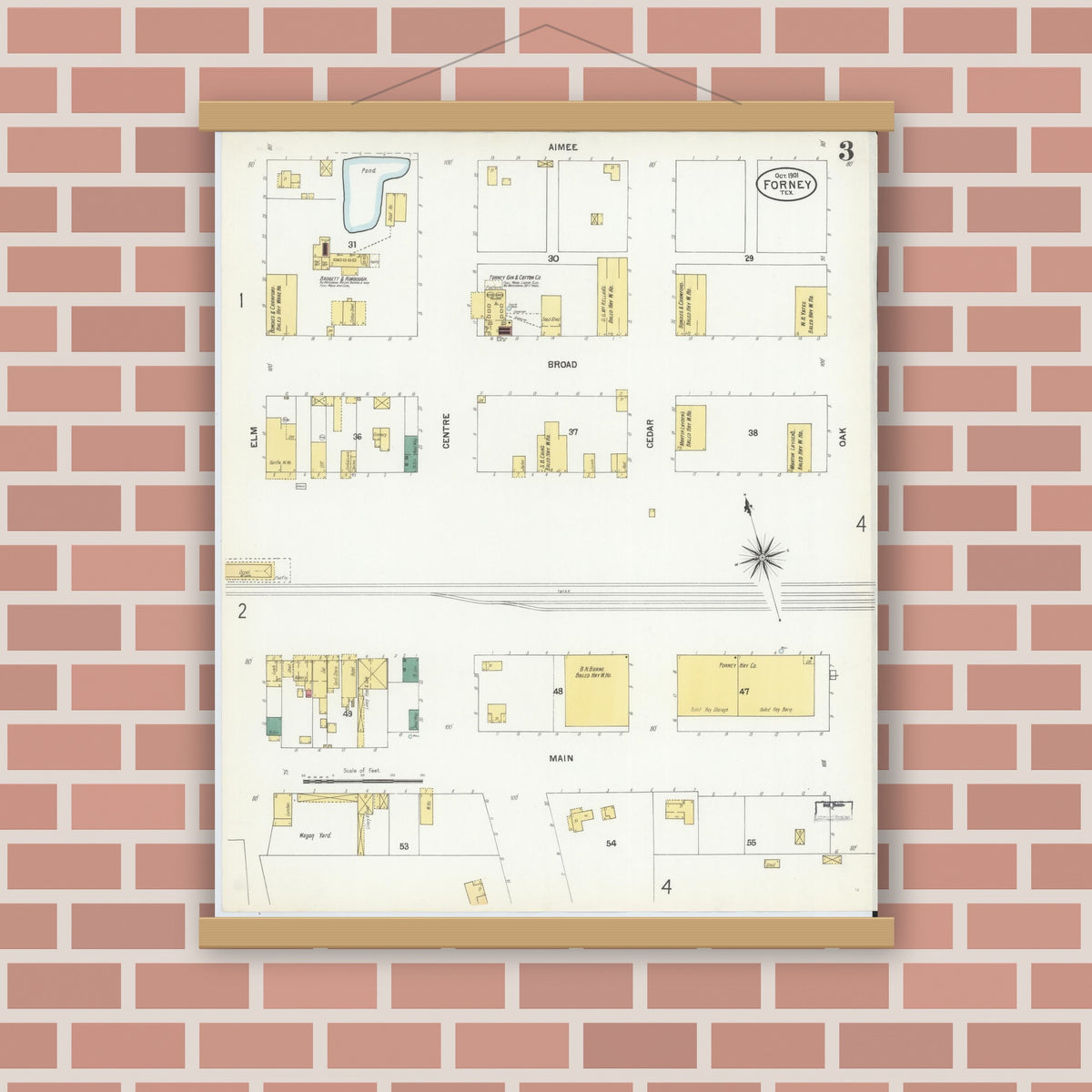 Old map wall art mockup — magnetic wood frame on brick wall — Sanborn Fire Insurance Map from Forney, Kaufman County, Texas (1901), Sheet #0003