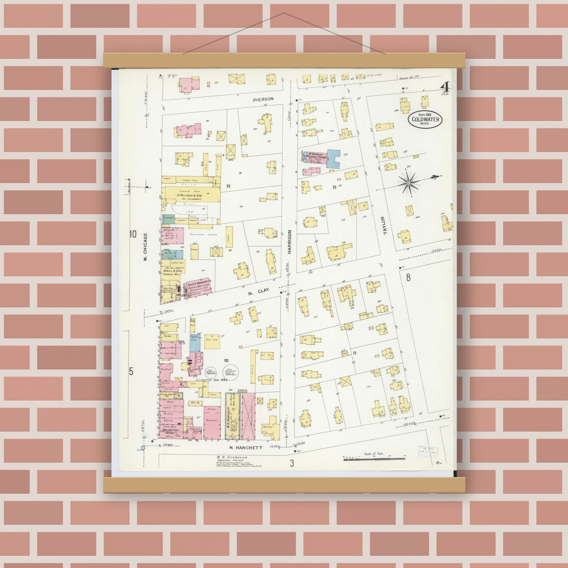 Old map wall art mockup — magnetic wood frame on brick wall — Sanborn Fire Insurance Map from Coldwater, Branch County, Michigan (1908), Sheet #0004