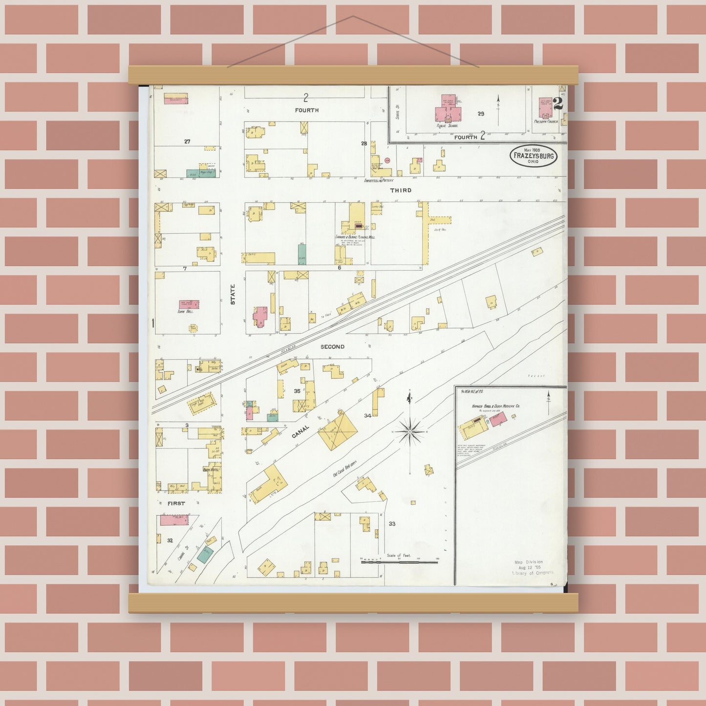 Old map wall art mockup — magnetic wood frame on brick wall — Sanborn Fire Insurance Map from Frazeysburg, Muskingum County, Ohio (1905), Sheet #0002