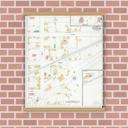 Old map wall art mockup — magnetic wood frame on brick wall — Sanborn Fire Insurance Map from Frazeysburg, Muskingum County, Ohio (1905), Sheet #0002