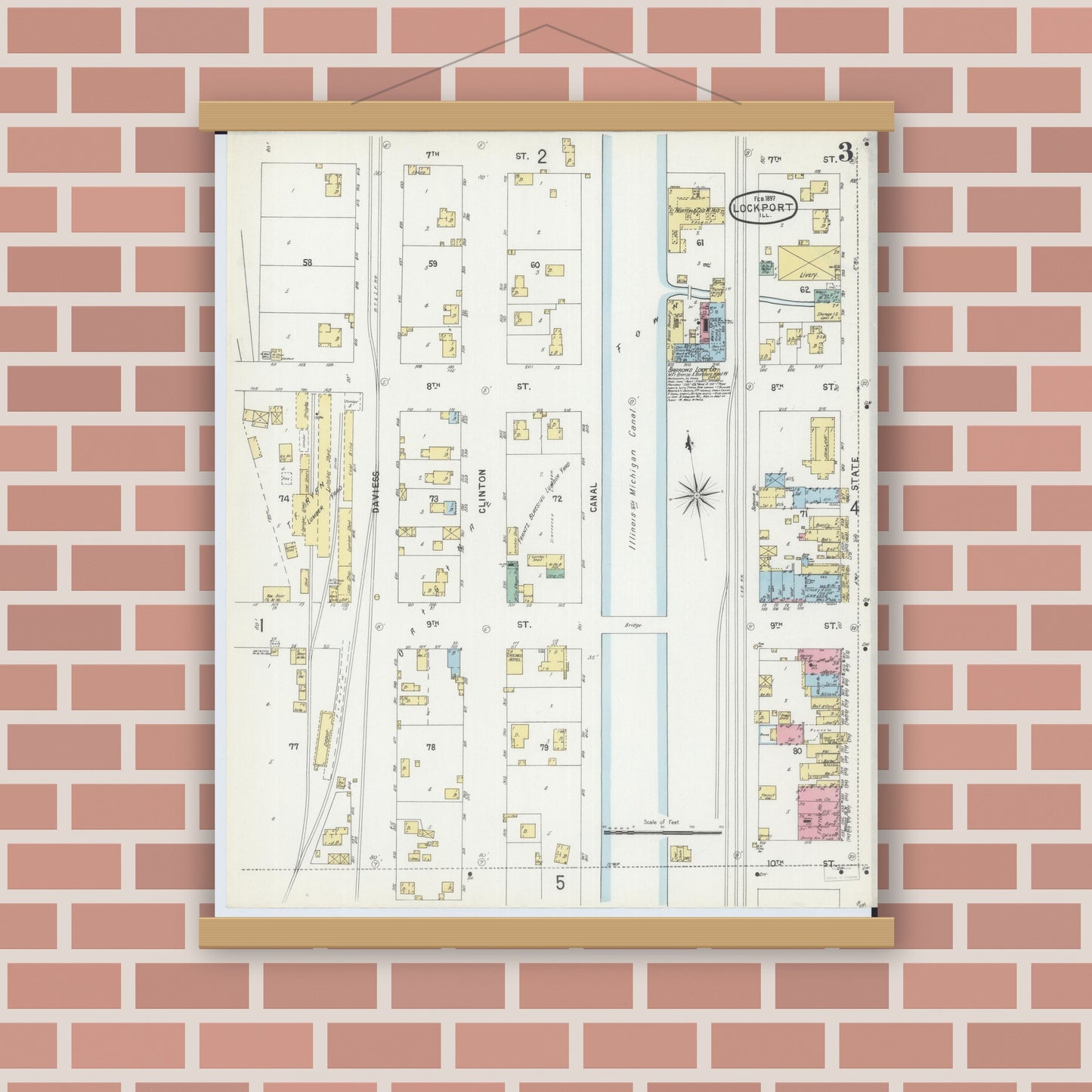 Old map wall art mockup — magnetic wood frame on brick wall — Sanborn Fire Insurance Map from Lockport, Will County, Illinois (1897), Sheet #0003