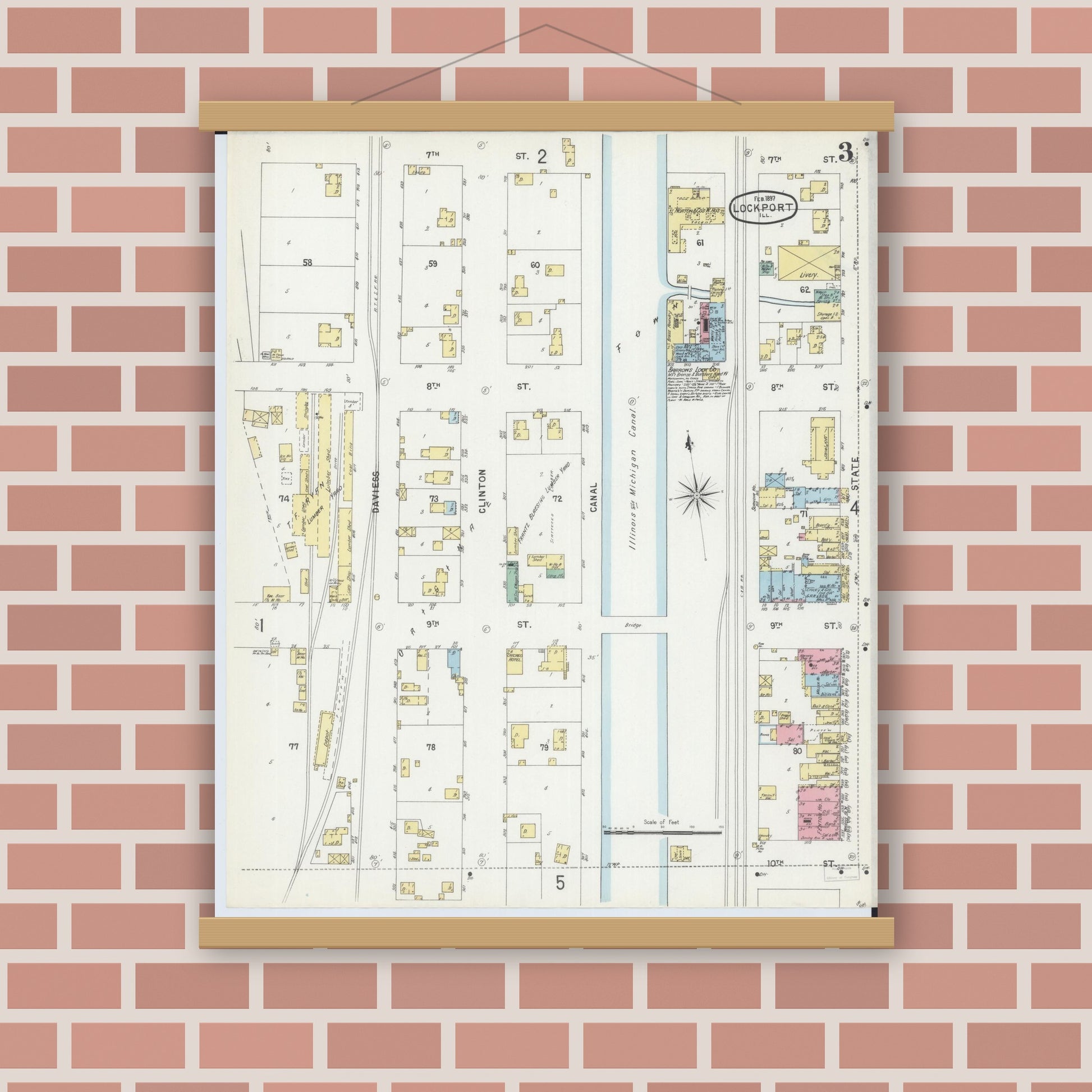 Old map wall art mockup — magnetic wood frame on brick wall — Sanborn Fire Insurance Map from Lockport, Will County, Illinois (1897), Sheet #0003