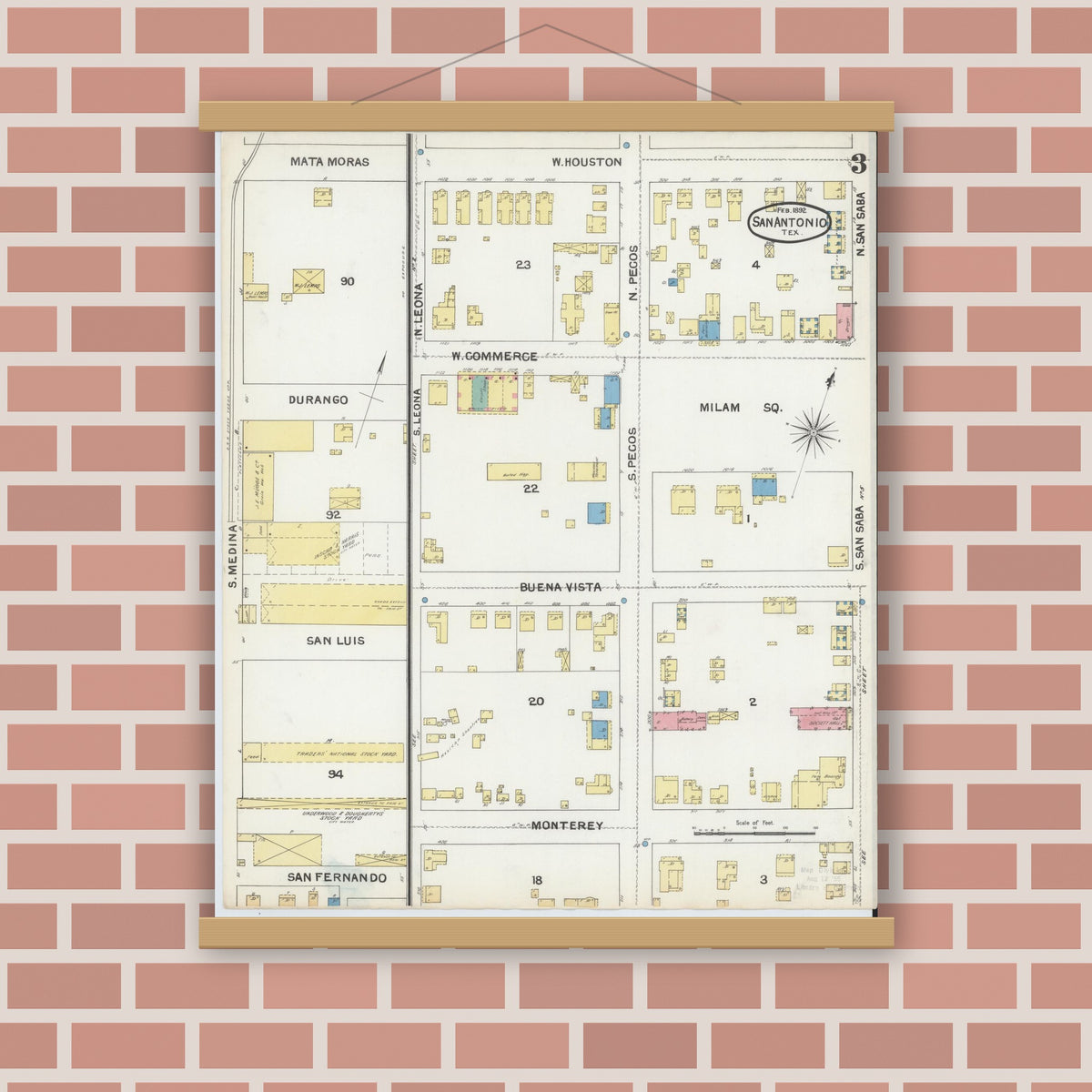 Old map wall art mockup — magnetic wood frame on brick wall — Sanborn Fire Insurance Map from San Antonio, Bexar County, Texas (1892), Sheet #0003