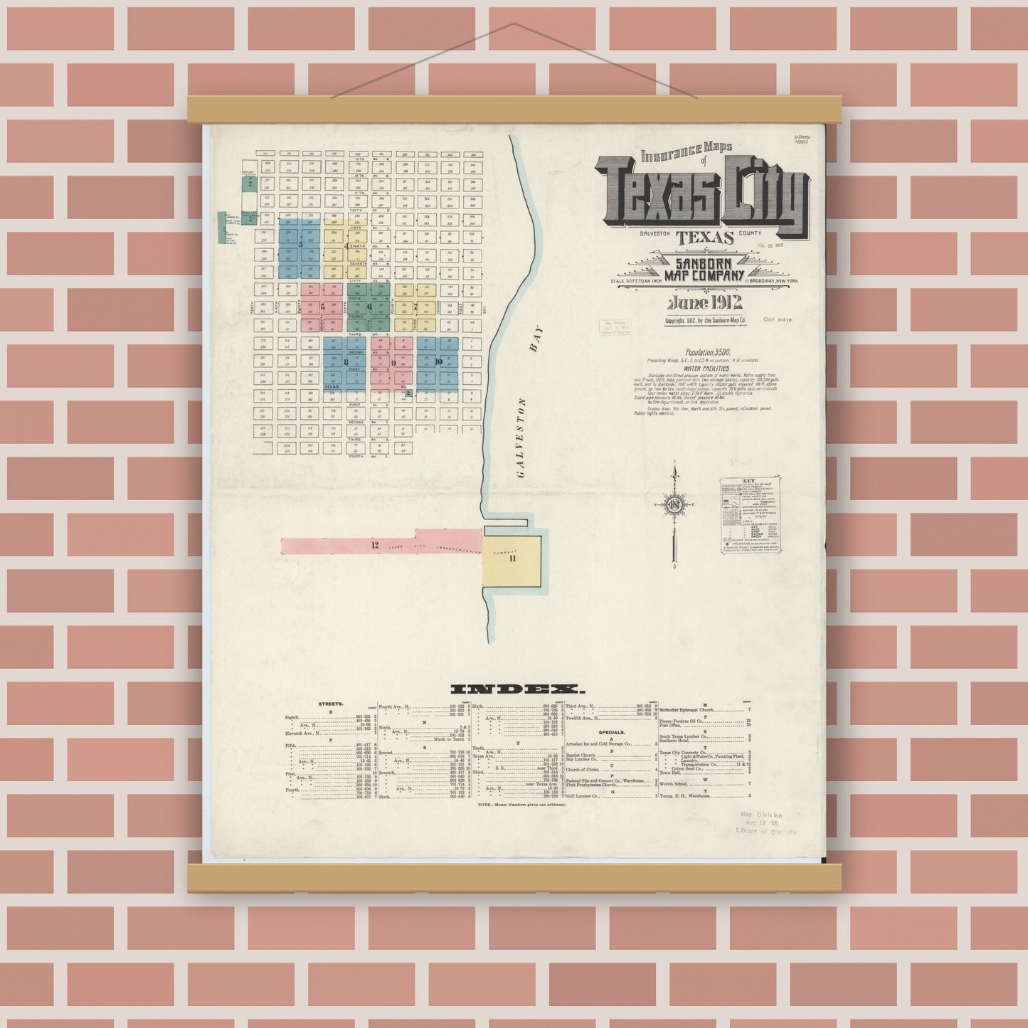 Old map wall art mockup — magnetic wood frame on brick wall — Sanborn Fire Insurance Map from Texas City, Galveston County, Texas (1912) - Complete Map Set